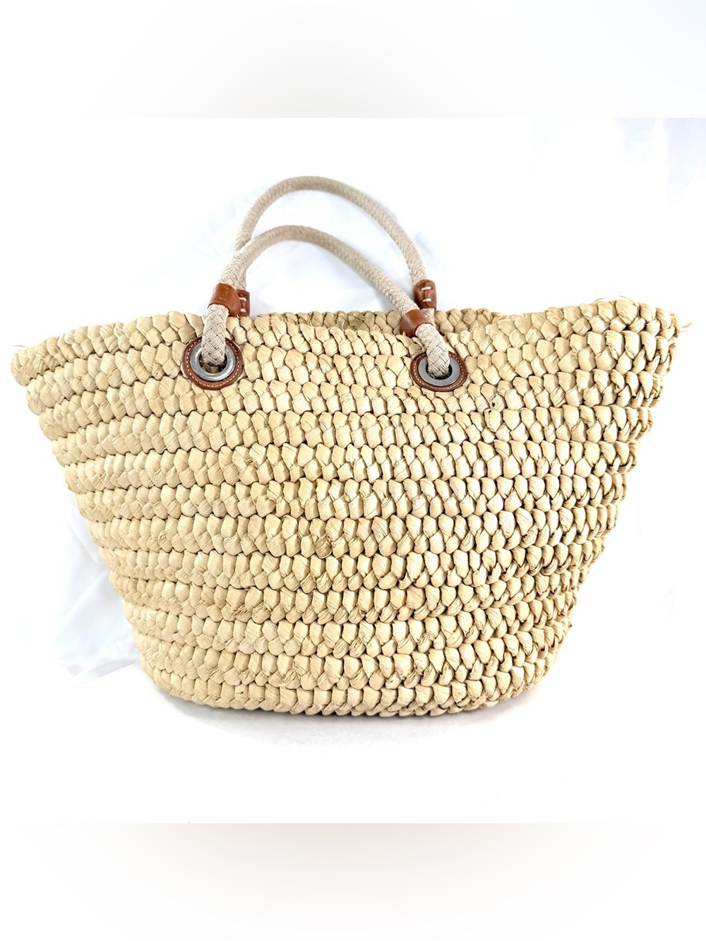 Lands End Woven Raffia Beach Shopper Summer Large Straw Tote Bag Leather Accents - Picture 3 of 11